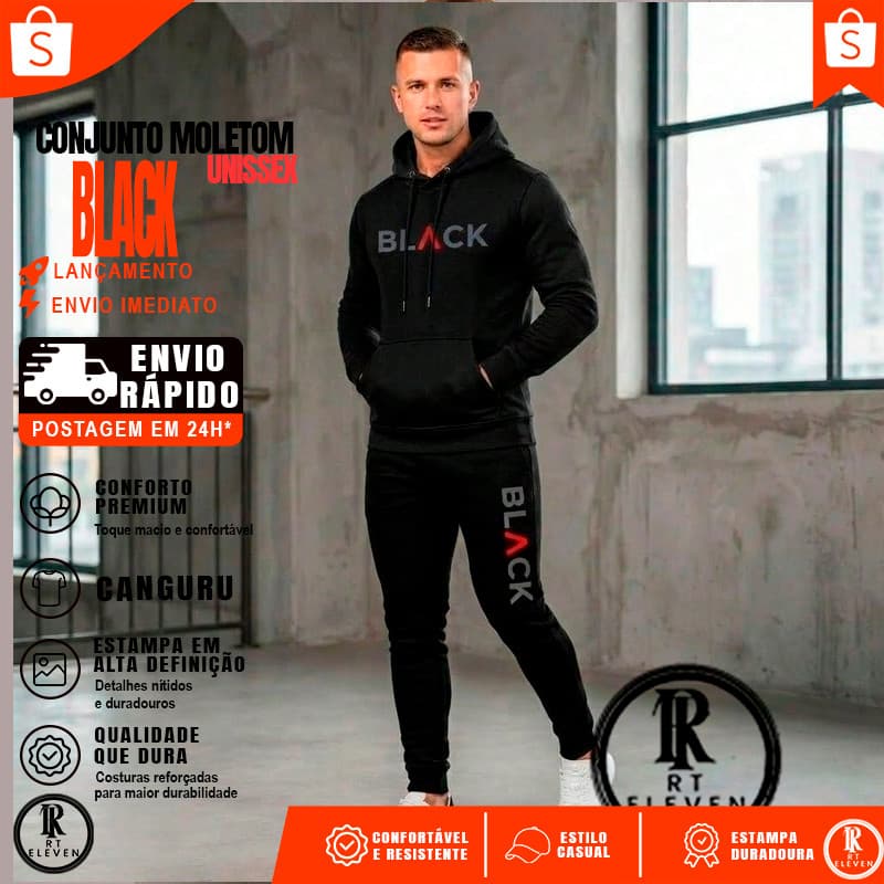 Conjunto Moletom B L A C K  Blusa Moletom + Calça Com Bolso  Linha Premium StreetWear Casaco de Frio Lançamento CS