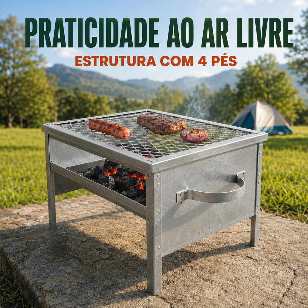 Churrasqueira Portátil Galvanizada para Churrasco a Carvão em Área Externa com Grelha Metálica