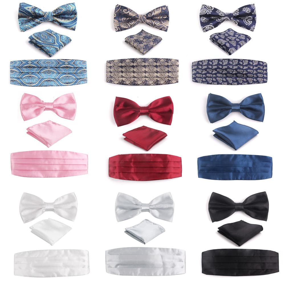 Vestido masculino gravata borboleta de três peças + lenço quadrado de bolso + cinto ajustável casamento noivo jantar ter