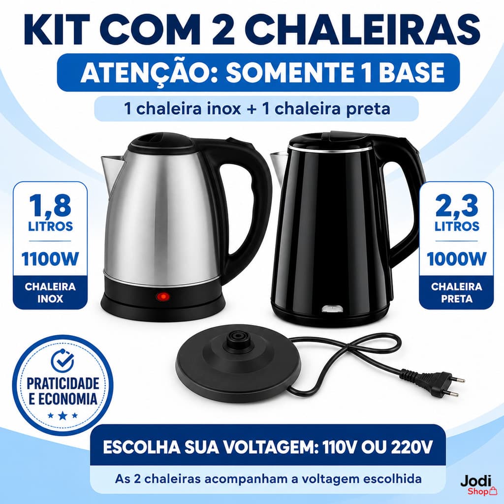 Kit com 2 Chaleiras Elétricas Pequenas Avarias Inox e Preta com 1 Base 1,8L e 2,3L 110V ou 220V