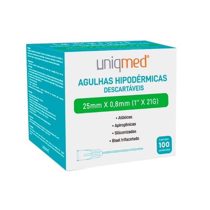 Agulha Hipodérmica 25mmx0,8mm (1" X 21g) Cx C/ 100 Unidades - Uniqmed