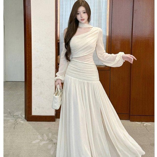 [Nova chegada] novo estilo de manga comprida férias gaze costura vestido gola Diagonal puro desejo saia quadril