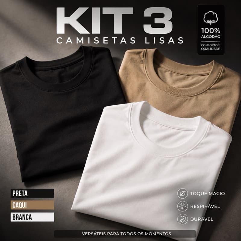 KIT 3 Camisetas Lisas Dia a Dia – Algodão 30.1 Premium