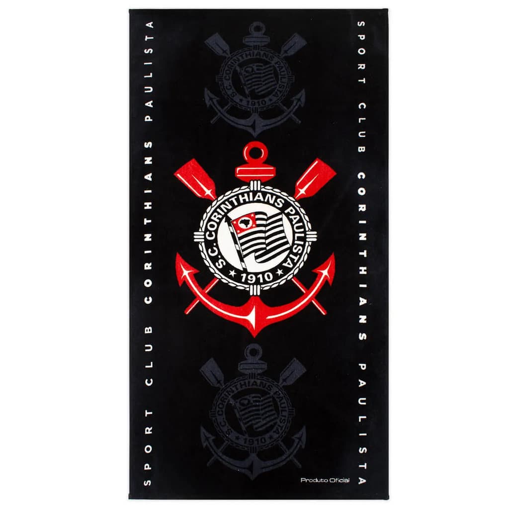 Toalha Praia KazzaVip Veludo Estampado 100% Algodão Brasão Licenciado Oficial Clube Corinthians 2026 70cm x 140m Preto