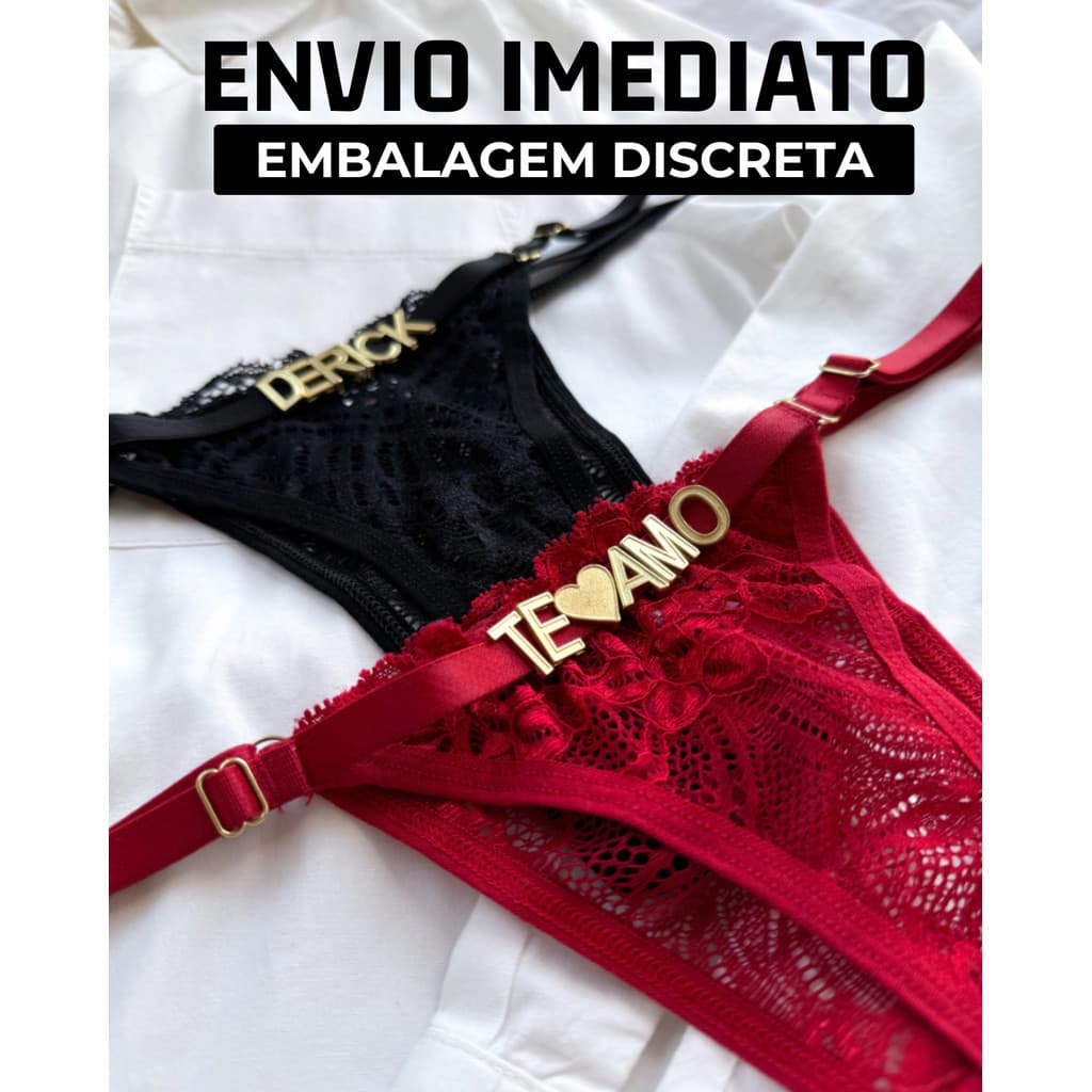 Calcinha Palavra Personalizada com Nome Regulagem Fio Renda Dia dos Namorados Lua de Mel Ocasião Especial