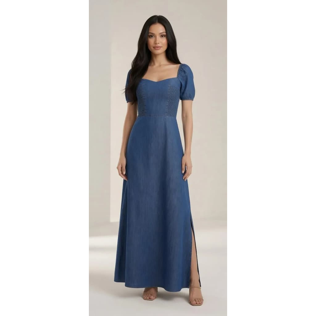 Vestido Jeans Longo Feminino Elegante De Alças Finas Acinturado Rodado Moda Casual Ceas Modas