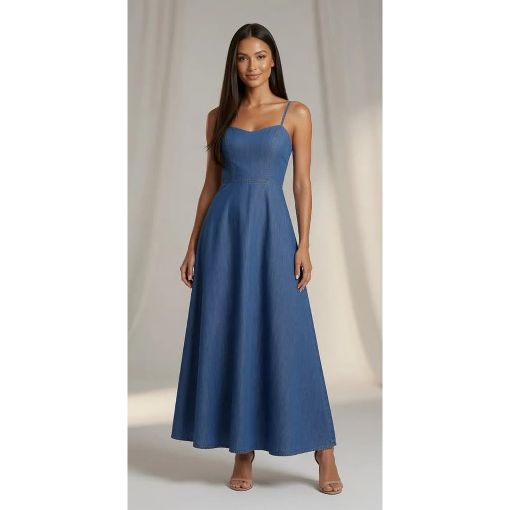 Vestido Jeans Longo Feminino Elegante De Alca Fina Acinturado Rodado Moda Casual Confortavel