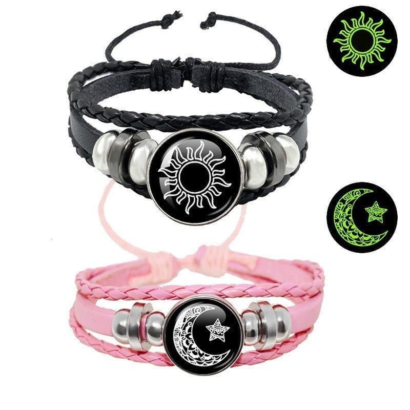 Pulseira de Couro com Pedra da Lua que Brilha no Escuro, Joia Trançada com Contas, Presente Perfeito para Casais