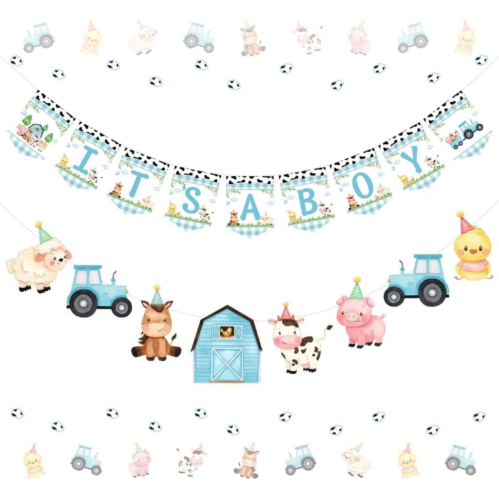 Banner de Chá de Bebê com Tema de Animais de Fazenda Azul, Decorações para Meninos, Guirlanda com Tema de Animais de Faz