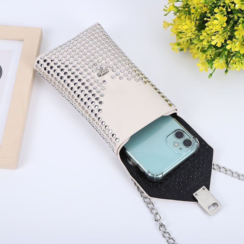 Bolsa de celular com corrente de rebite, Mini bolsa de ombro pequena, bolsa mensageiro de viagem, bolsa pequena feminina