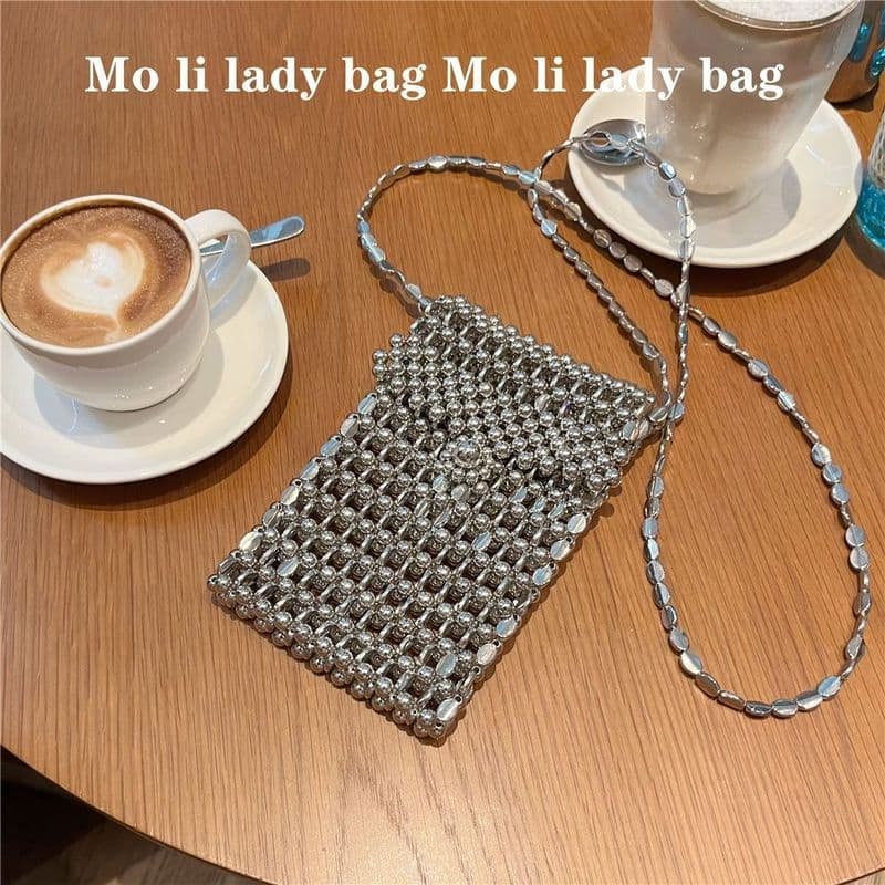 High-End Vintage Metal artesanal prata pérola saco pequeno quadrado saco frisado corrente saco do telefone móvel ombro D