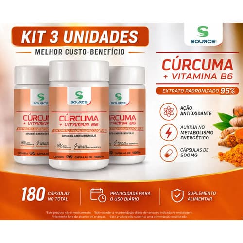 Kit 3x Cúrcuma Vitamina B6 Cápsulas  Source Life 180 Cáps. Sem Sabor