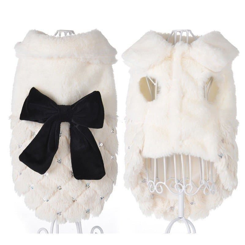 Moda Inverno Roupas Para Cães De Estimação Elegante Branco Filhote De Cachorro Pet Gato Casaco Jaquetas Pele Arco Nó Chi