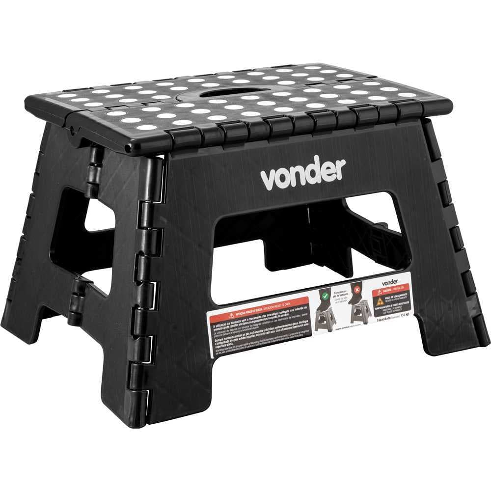 Banqueta Dobrável Plástica Preta 220mm Vonder Original Portátil Resistente Antiderrapante Com Alça