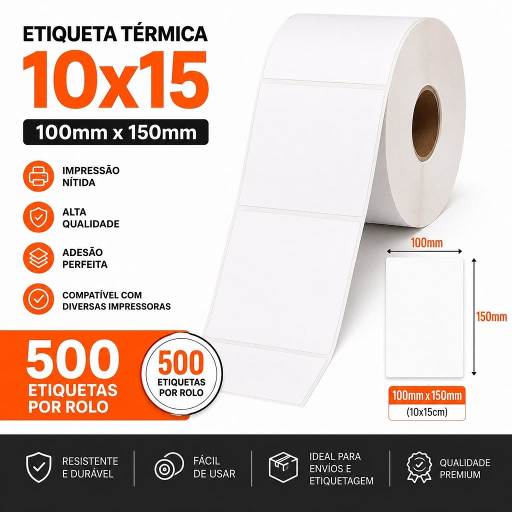 Etiqueta Térmica 100x150mm (10x15cm) Rolo com 500 Etiquetas  Adesiva para Impressora Térmica Zebra Elgin Argox