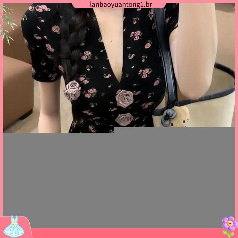 Design francês nicho com decote em V Floral tridimensional decorativo vestido de manga curta feminino 2026 verão novo es