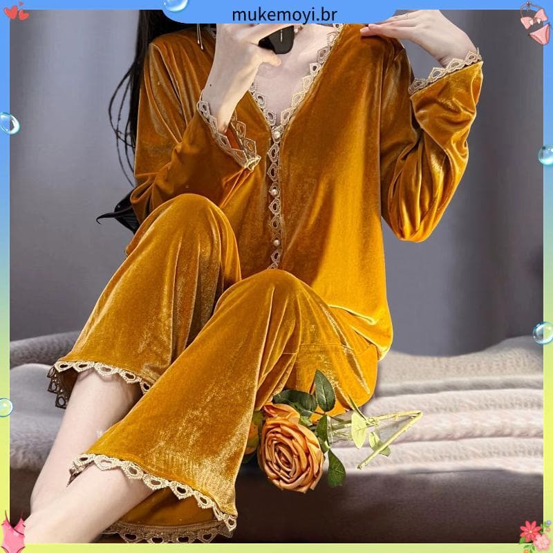 Pijamas de veludo dourado feminino primavera outono terno de manga comprida senhoras simples moda com decote em V Cardig