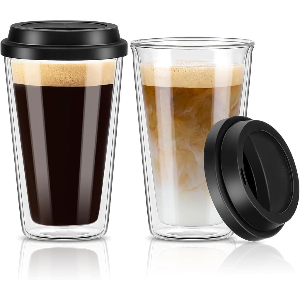 Qipecedm ®   2 Pacotes de Canecas de Café de Vidro com Parede Dupla e Tampas, 12 OZ, Canecas de Café Reutilizáveis, Cane