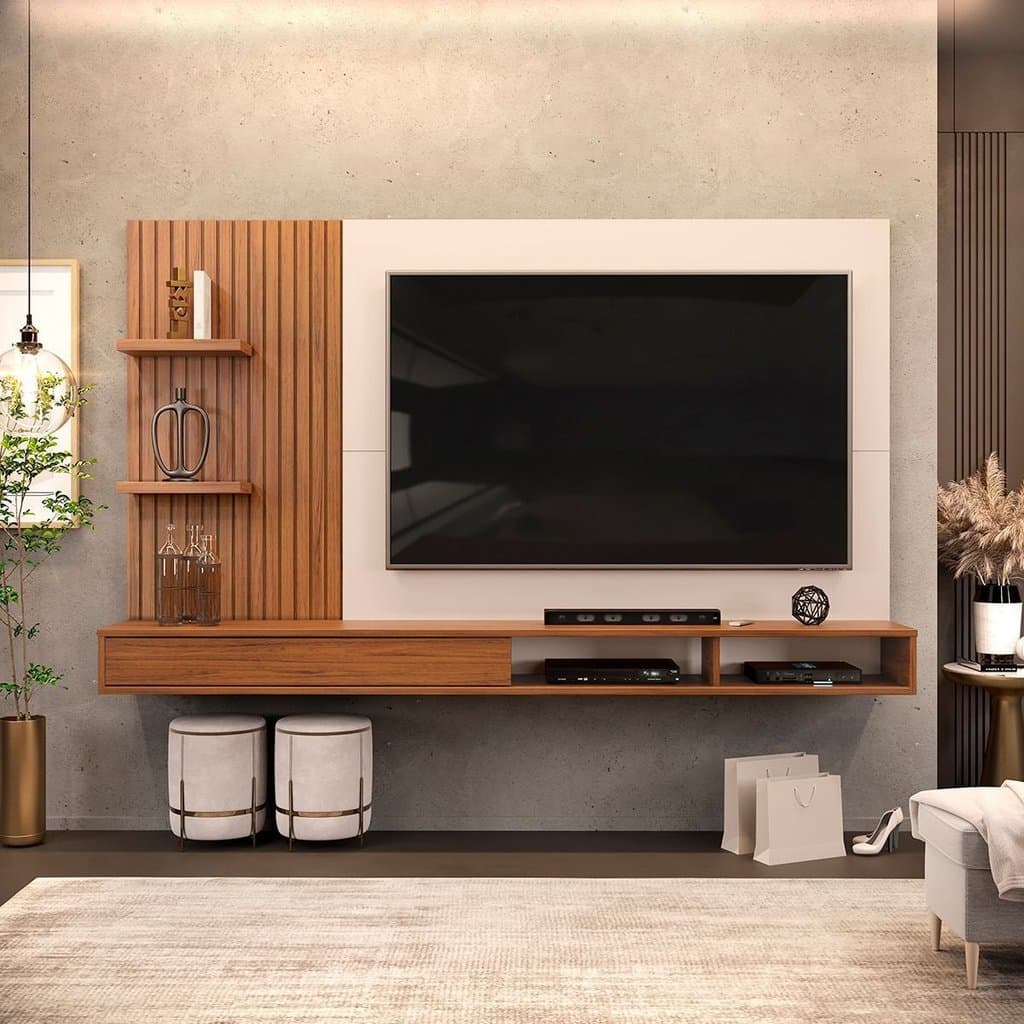 Painel Ripado para TV até 60 Polegadas MDF 190CMX107,8cm Nichos Bento Marrom Freijó/Off White