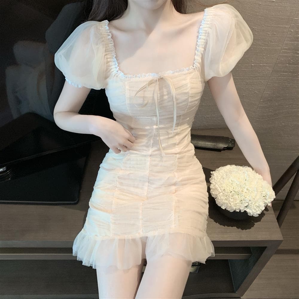 [Nova chegada] vestido retrô roupas femininas 2026 verão novo estilo manga bufante plissado cordão cintura estreita apar