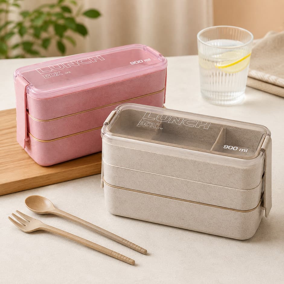 Marmita Lunch Box 900ml Portátil com 3 Divisória e Colher Garfo Almoço