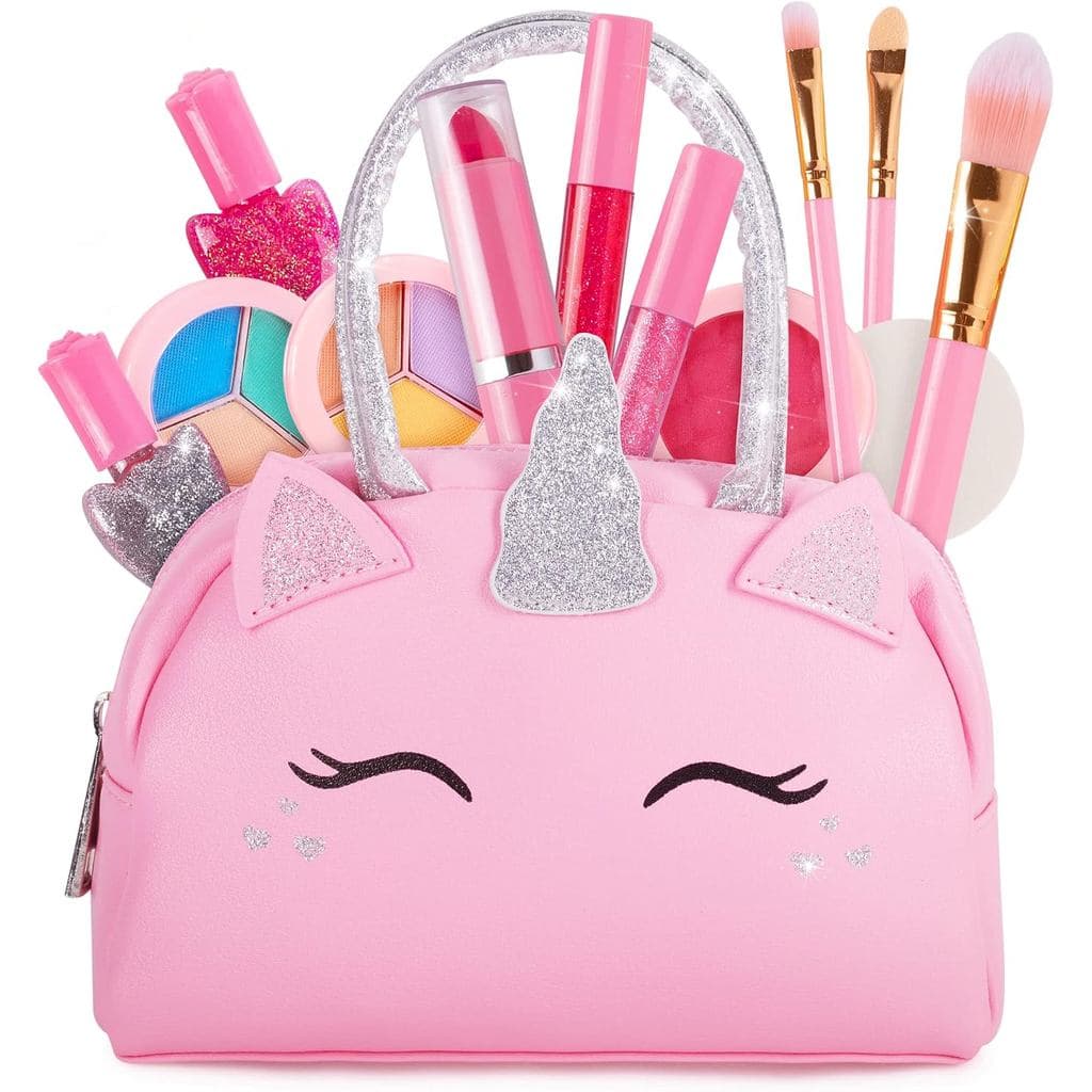 Kit de Maquiagem Real para Crianças com Bolsa de Unicórnio Rosa, Conjunto de Maquiagem Não Tóxico e Lavável |   Brinqued