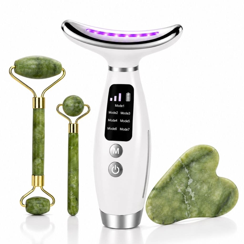 Kit Massageador Facial LED 7 Cores + Roller Jade e Gua Sha