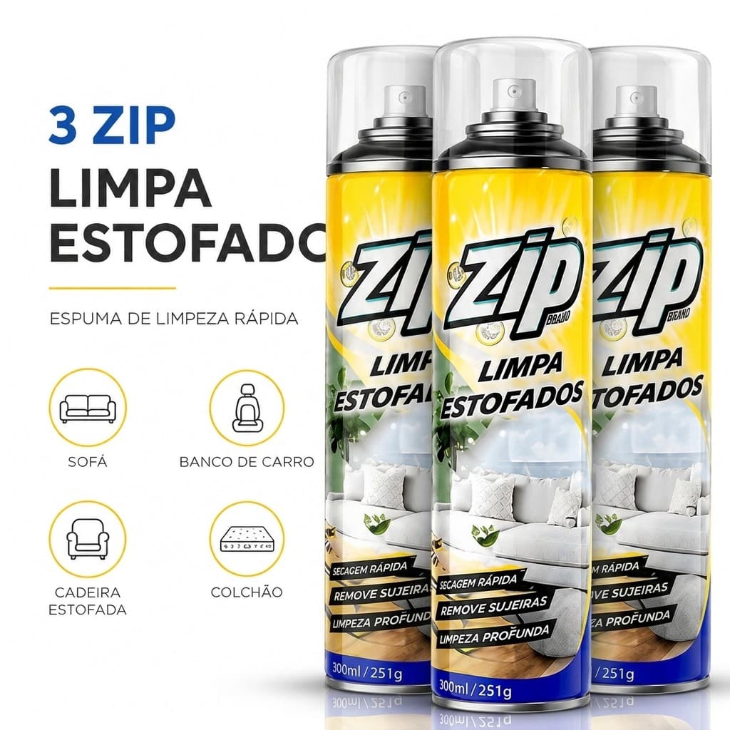 Kit 3 Espuma Spray Zip 300ml Limpa a Seco Sofá, Estofado, Banco de Carro Limpeza Profunda Remove Manchas