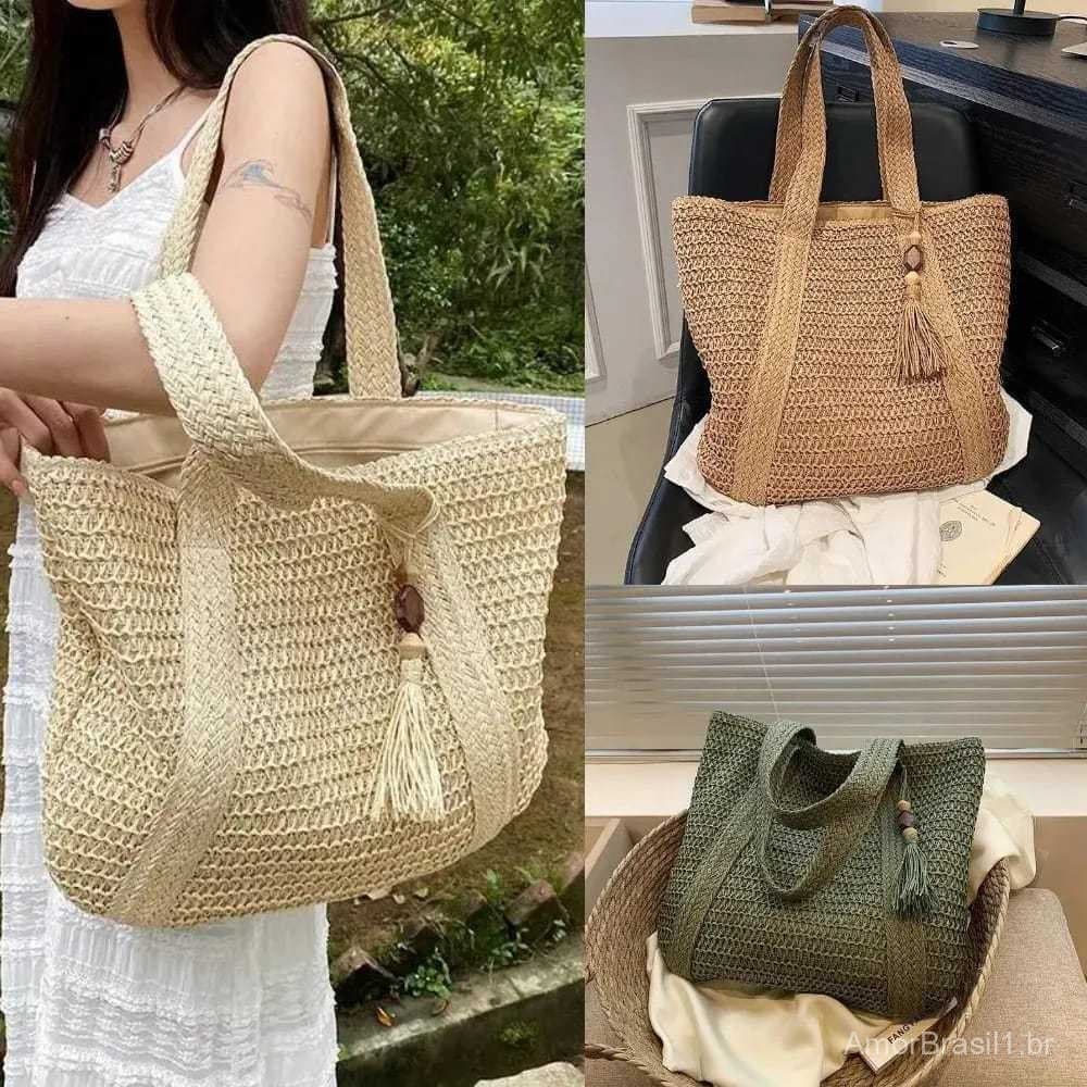 Bolsa Praia Feminina De Palha Sintética Grande Piscina Verão Lazer Com Lindo Penduricalho
