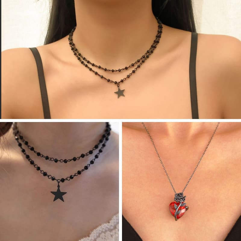 Colar Feminino Choker Preto Estrela Gótico Duplo Delicado Vintage Fashion Ajustável Presente Bella Bijou