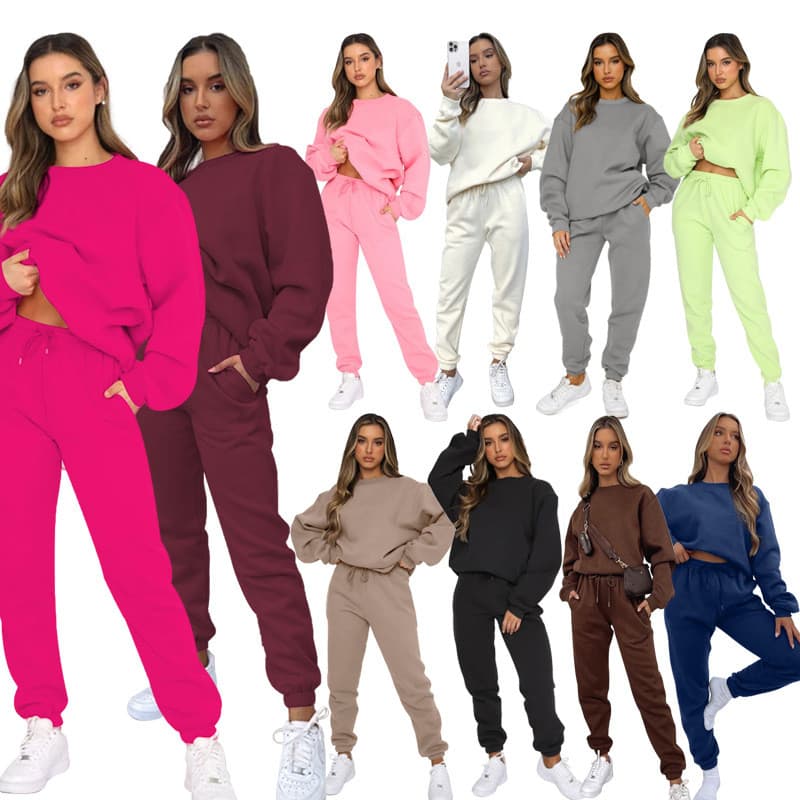 Conjunto de moletom feminino casual de outono e inverno europeu e americano, com gola redonda, cor sólida, calças compri