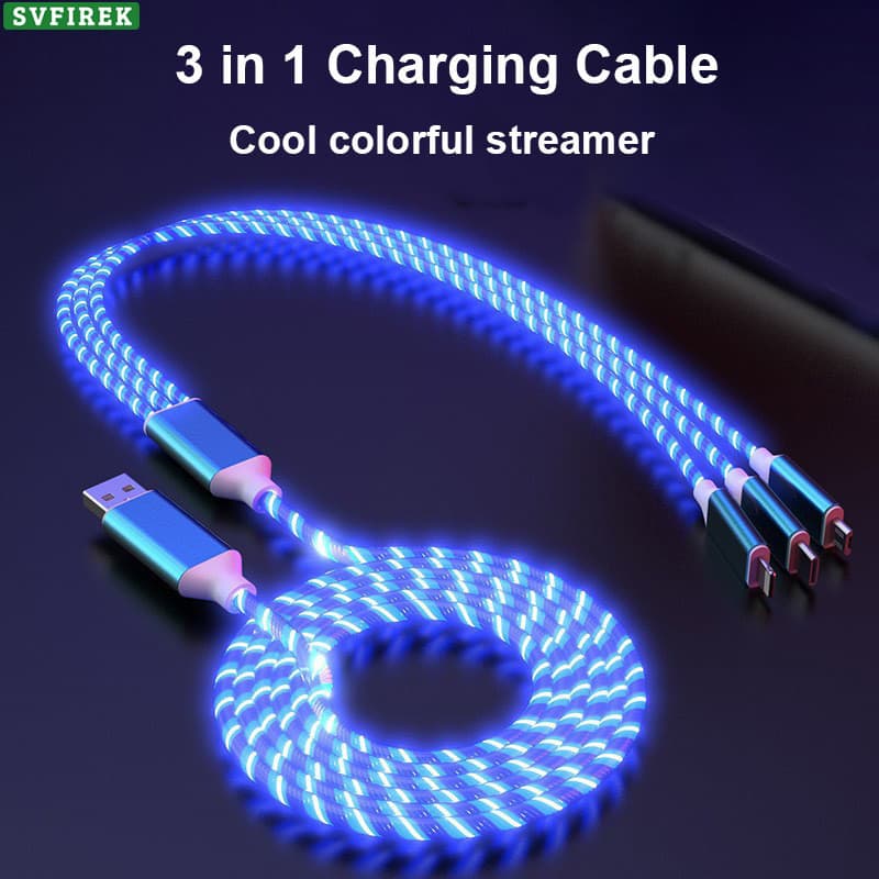 Cabo De Carregamento De Streamer Colorido 3 Em 1 2.4A 1 Arraste 3 Cabos De Dados LED USB De Luz Fio De Carga De Letreiro