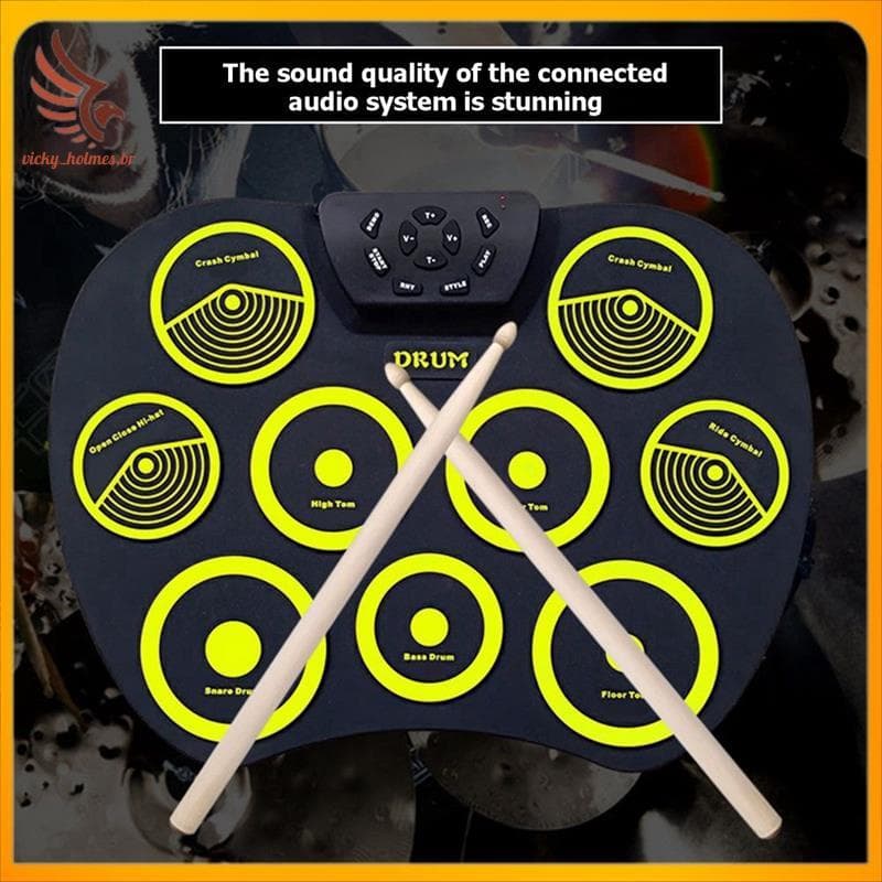 [vicky_holmes.br] Conjunto De Bateria Eletrônica Com 9 Almofadas Manual Pedais De Baquetas E Suportes Para Jogos