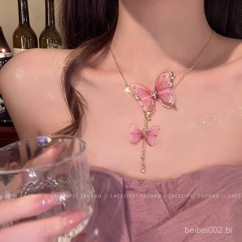 Colar De Pérola De Diamante Tule Borboleta Tassel Super Fada Alta Qualidade Cadeia De Clavícula Moda Mori