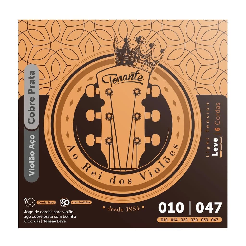 Encordoamento Aço para Violão com Bolinha Tensão Leve 010 Cobre Jogo de Cordas Folk Tonante