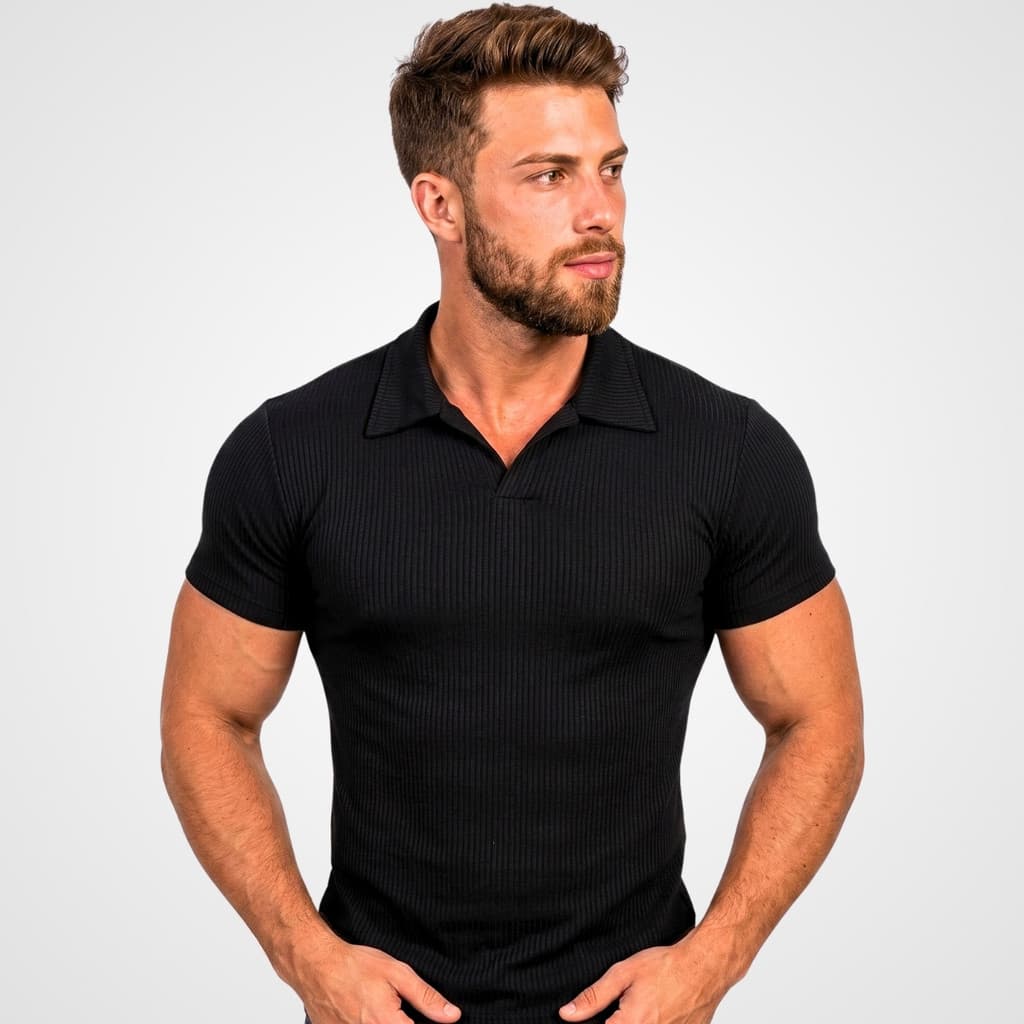 Camiseta Polo Italiana Canelada Masculina Gola V Slim Fit Manga Curta Malha Premium Importada