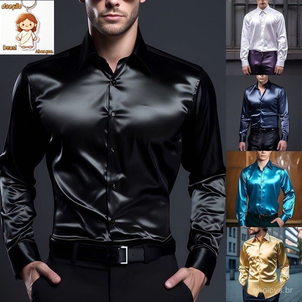 (Em Estoque) Camisa Casual De Cetim De Seda Com Botão Slim Fit Para Festa Camisas De Manga Comprida TEHI