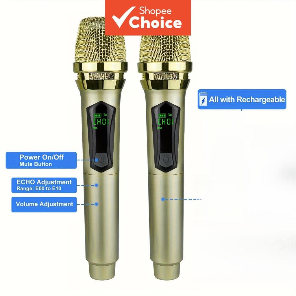 Microfone de Mão Duplo Sem Fio Recarregável com Volume e Reverb Independentes, Mudo e Microfone para Karaokê