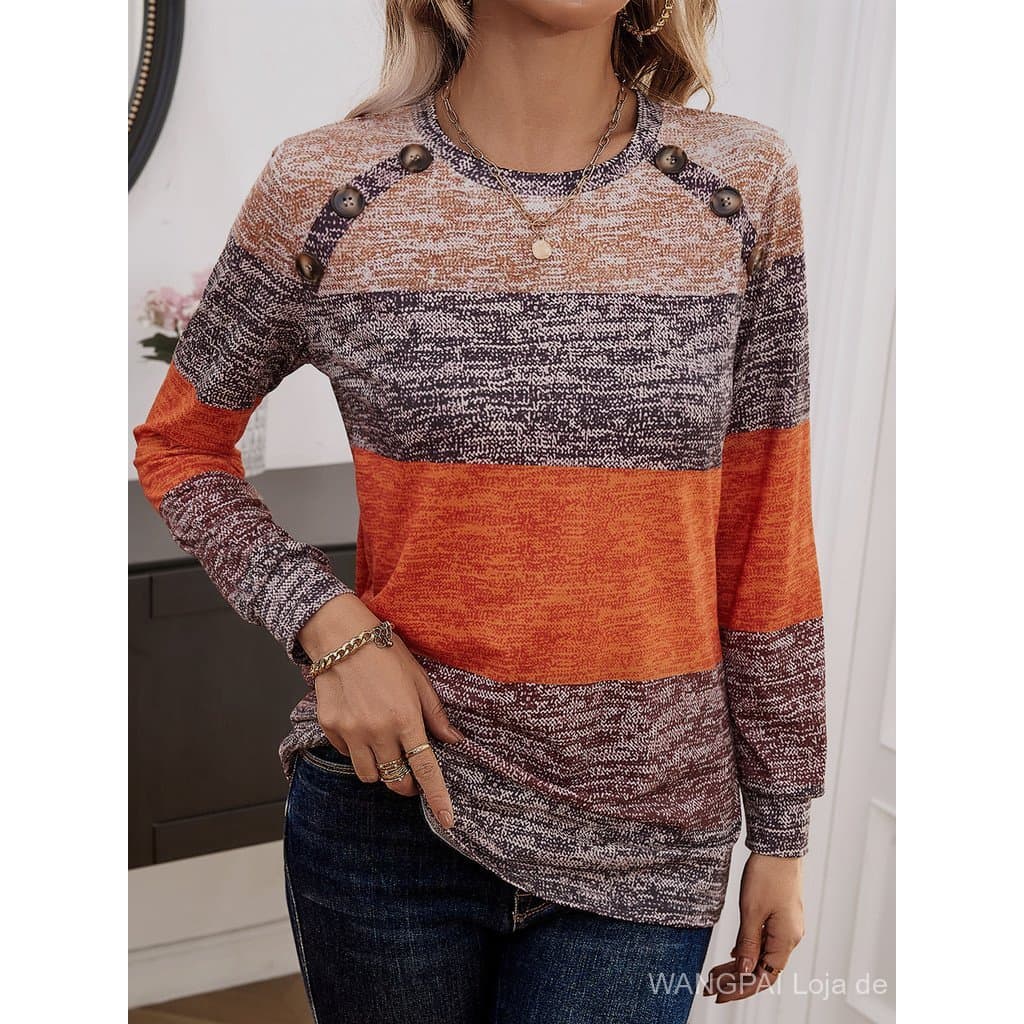 Camiseta Feminina de Manga Longa com Estampa em Blocos de Cores e Botões, Decote Redondo