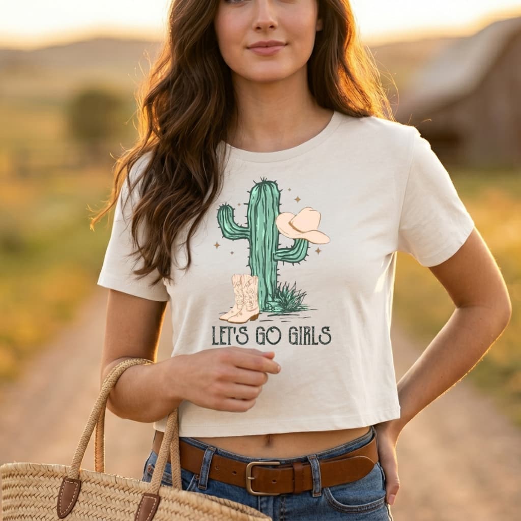 Cropped Feminino Country Camiseta T-shirt Let's Go Girls Rodeio Boiadeira Cacto Estampado