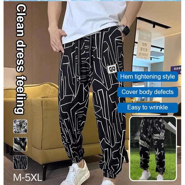 [Moda Masculina] Calça masculina de seda gelada com estampa/Calça Estampada/Calça Masculina/Conforto/Nove Quartos