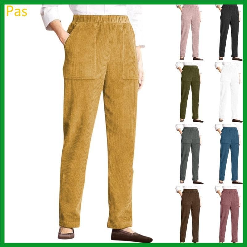 Calça Feminina Veludo Cotelê Cintura Elástica Perna Reta Bolsos – Casual E Versátil