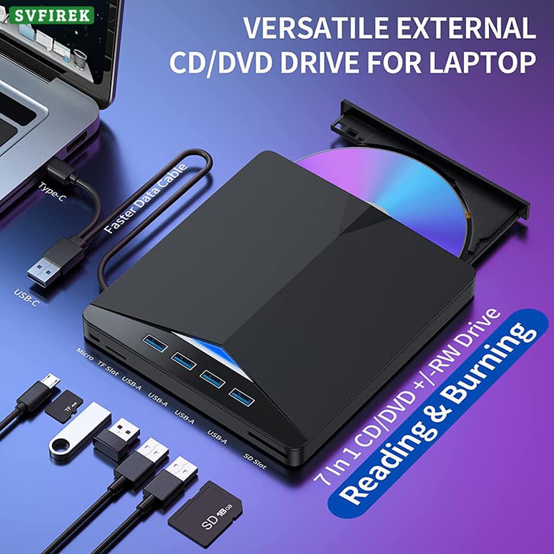 Unidade De DVD Externa Com 4 Portas USB 3.0 Tipo C Porta Leitor De Cartão SD-Portátil CD/Óptica Player Gravador De