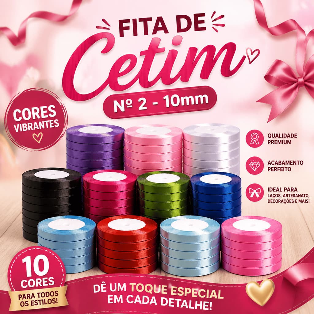 Fita de Cetim Premium Nº 2 10mm com 45 e 90 Metros – Diversas Cores