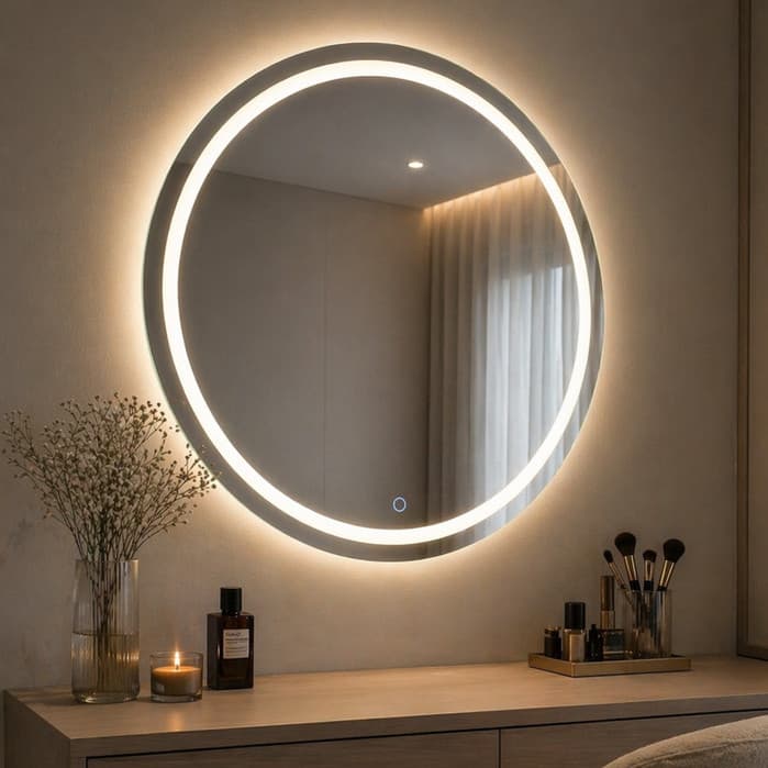 Espelho Redondo 40x40cm Jateado com Led 3 Cores e Botão Touch Lapidado Decoração Quarto Banheiro Luxo