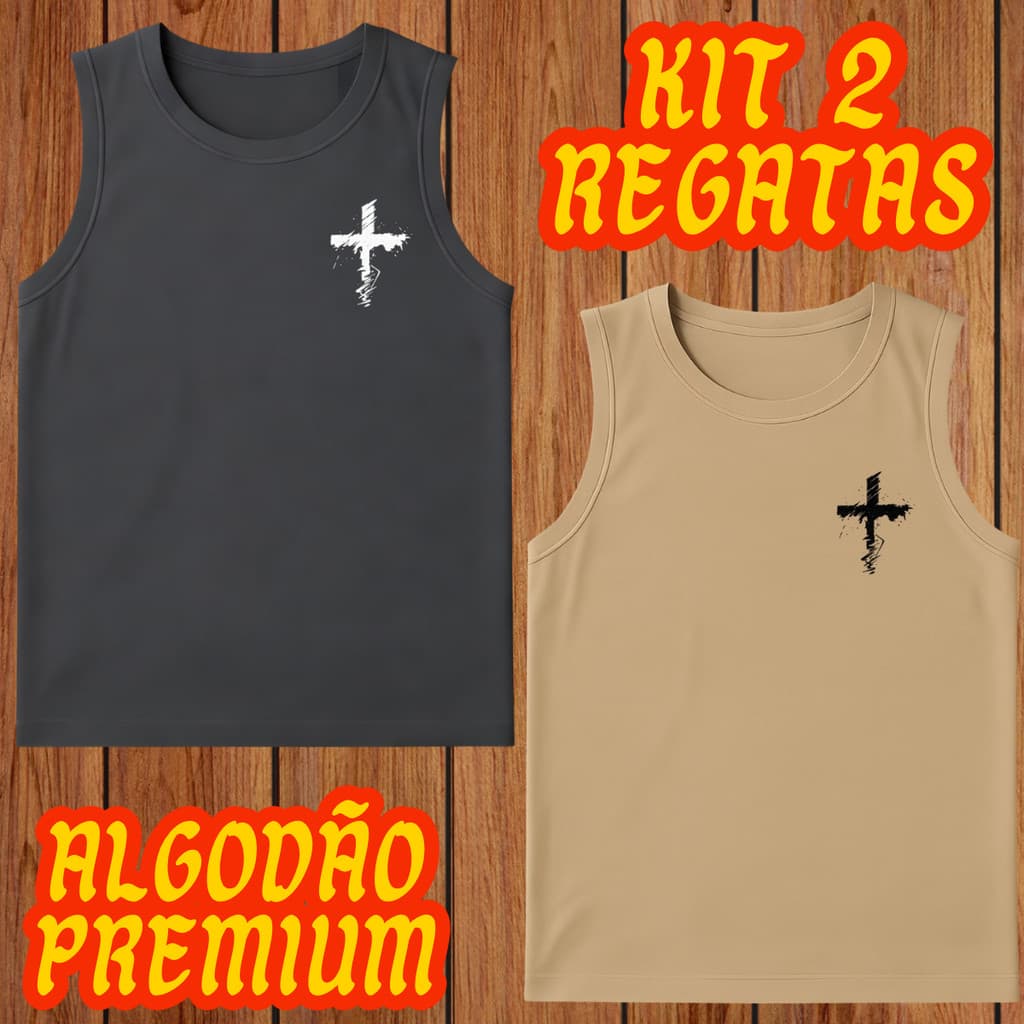 kit 2 Regatas Masculina Cavada CRUZ RISCADA Algodão Leve e Confortavel