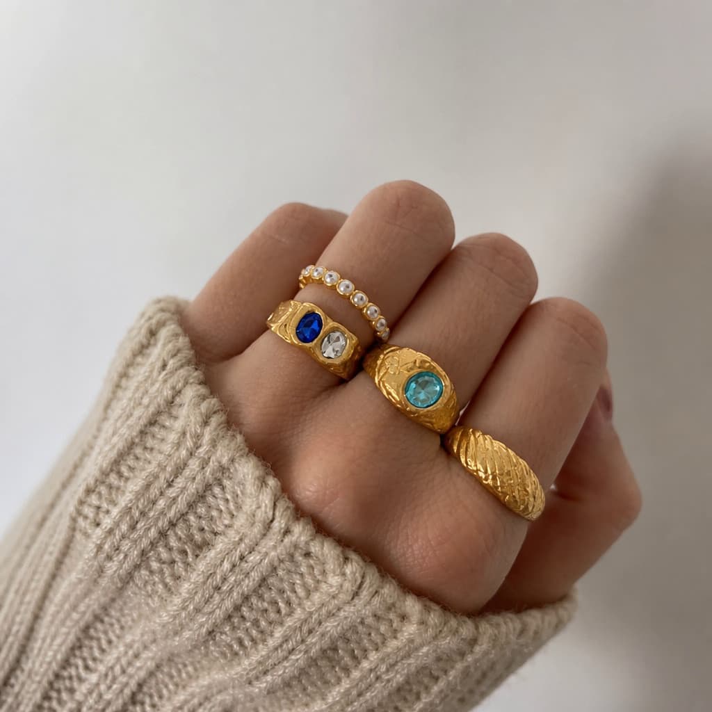 Senhoras anel textura martelo padrão strass aço inoxidável banhado a ouro 18K 2 anos acima não desbotado