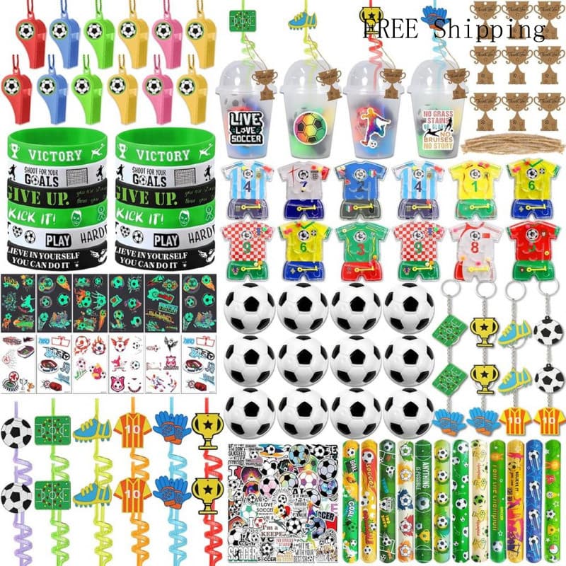 182 peças de lembrancinhas para festa de futebol, incluindo copos, canudos, brinquedos de quebra-cabeça, apitos, mini bo