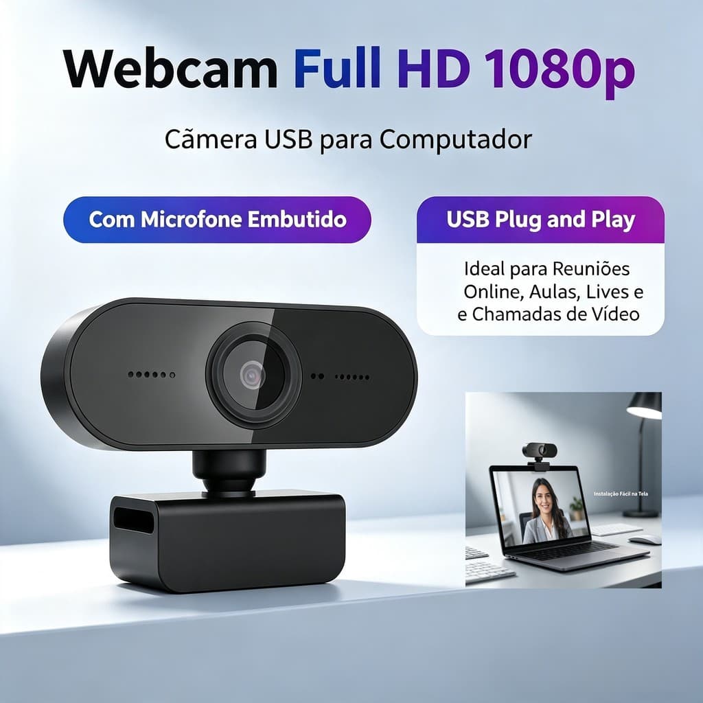 Webcam Full HD 1080p Microfone Integrado USB | Plug & Play PC Notebook | Home Office Aulas Videochamada Lives