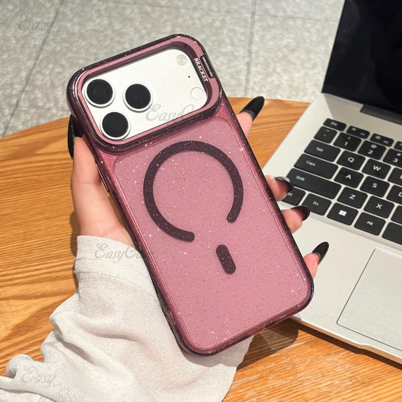 Capa De Suporte De Lente Magnética Com glitter De Alta Transparência Para iPhone 18 17 16 15 14 13 ProMax Antiderrapante